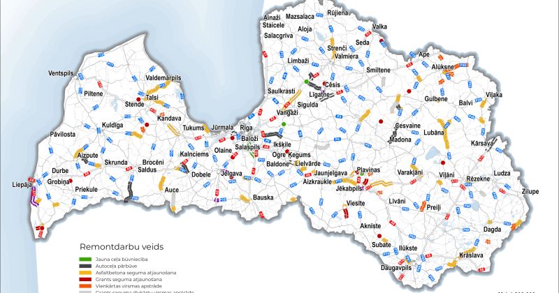 “Latvijas Valsts ceļi” mājaslapā publicēta karte ar šogad plānotajiem valsts ceļu remontdarbiem